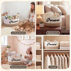 Cat Toy Basket with Cat Ear Handles, 19.5 x 11 x 9 in Woven Cats Toy Bin, Large Two-tone Cotton Rope Storage Box, Meow Words Organizer for Toys, Blankets, Home Decor (White, Linen)