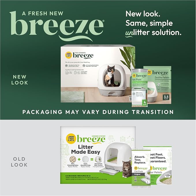 Purina Tidy Cats Breeze Covered Cat Litter Box System Kit with Pellet Cat Litter, Hooded Litter Box, and Litter Box Pads