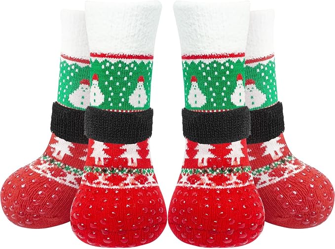 EXPAWLORER Christmas Anti-Slip Soft Dog Socks for Hardwood Floor,Warm Dog Shoes,Paw Protectors for Cold Pavement,Prevent Licking,Traction Control for Small Medium Large Senior Dogs