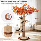 46" Extra Tall Cat Scratching Post with Toy for Large and Adult Indoor Cats | Sisal Cat Scratcher Tree with 3D Leaves for home decor, Hanging Plush Ball, Stable 3-Layer Wooden Base with Ball Track Toys