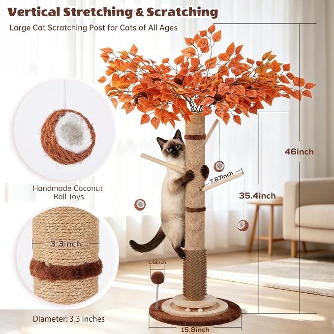 46" Extra Tall Cat Scratching Post with Toy for Large and Adult Indoor Cats | Sisal Cat Scratcher Tree with 3D Leaves for home decor, Hanging Plush Ball, Stable 3-Layer Wooden Base with Ball Track Toys