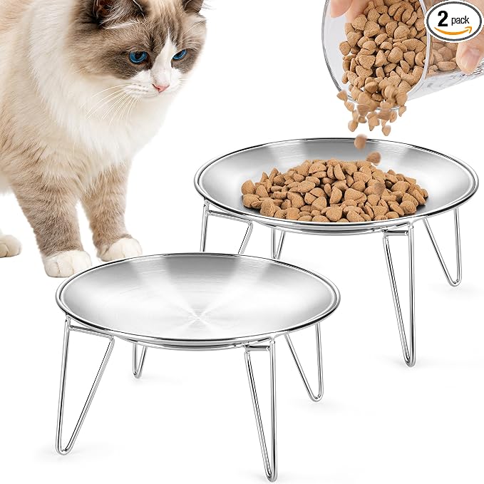 WROSWT Elevated Cat Bowls, 304 Stainless Steel Raised Cat Dishes, Extra Wide Shallow Cat Bowl for Whisker Fatigue Relief & Flat-Faced Breeds, Anti-Vomiting Kitten Feeder with Detachable Stands, 2 Set