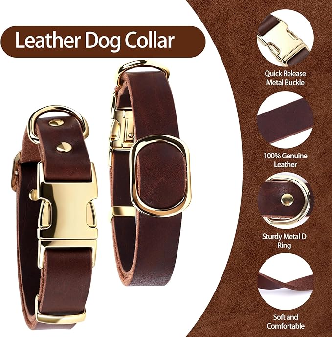 Leather Dog Collar and Leash Set, 5FT Heavy Duty Leather Training Leash with Adjustable Dog Collar, Soft and Durable Dogs Leashes and Collars Set for Small Medium Large Dogs (Brown, S)