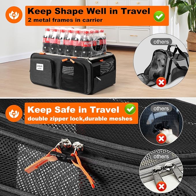 pidipiti 19x13x9 top Expandable pet Carrier, for Small Dog/cat up to 10 lbs | TSA Approved,with 2 pockets,zipper lock,leakproof,good Visibility,for Southwest Lufthansa Airlines,Air Canada,Amtrak Train