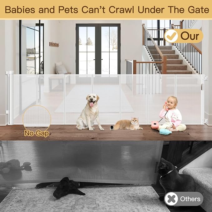 Reinforced 120 Inch Retractable Baby Gates for Doorway, Bottom Anti-Crawl 10 Foot Extra Long Baby Gate, Indoor/Outdoor Retractable Dog Gate for Doorway, Extra Wide Pet Gates for Wide Openings, White