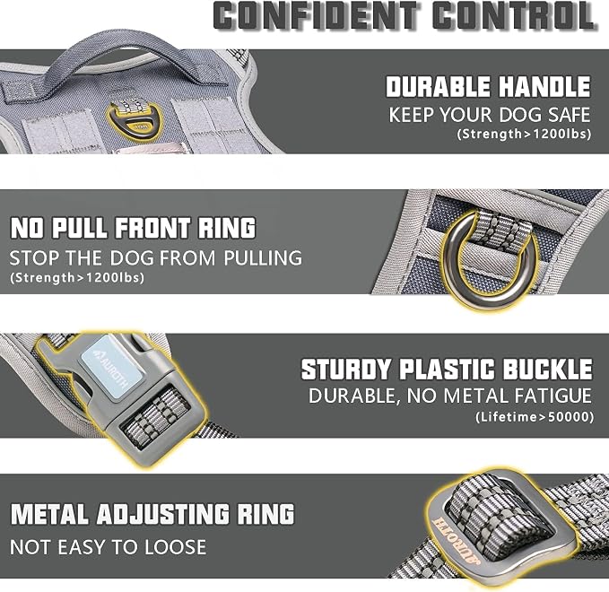 Auroth Tactical Dog Harness for Large Dogs No Pull Adjustable Pet Harness Reflective K9 Working Training Easy Control Pet Vest Military Service Dog Harnesses Grey L