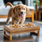 Croft&Cane Wooden Elevated Pet Feeder with 2 Steel Bowls - Natural Brown | Raised Dog Bowls for Small & Medium Pets – Solid Wood Handcrafted Fluted Design Feeding Station for Dogs & Cats - 15x8x5 Inch