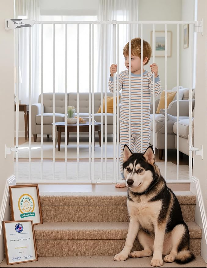 Babelio Baby Gate for Stairs & Doorways, 26-43" W 34" H Extra Tall| No Bottom Bar| Easy Installation| One-handed Operation| Auto-close| Hardware Mount (Drill Needed) Safety Dog/Pet Gate Indoor (White) | Easy Install| One-handed Opening| Auto-close| Dri...