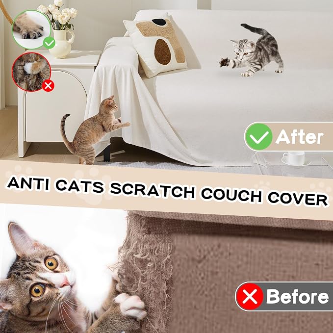 Couch Covers for 3 Cushion Couch Sofa Washable Cat Scratch Proof Sectional Couch Covers L Shape Sofa Cover Slipcovers Couch Furniture Protector for Pets Dogs Kids, 91" x 118", Creamy White