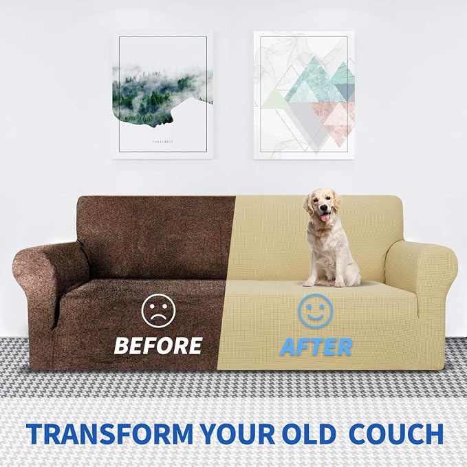MAXIJIN Super Stretch Couch Cover for 3 Cushion Couch, 1-Piece Universal Sofa Covers Living Room Jacquard Spandex Furniture Protector Dogs Pet Friendly Fitted (Large, Beige)