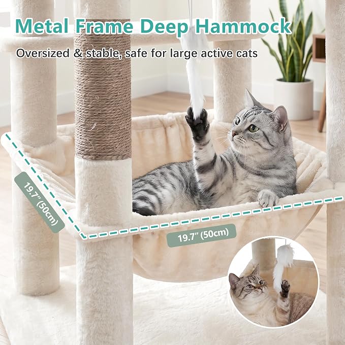 Cat Tree, 81.1" Skyward Corner Cat Tower for Large Cats VCT031MJ | Space-Smart Cat Furniture with Diamond Hideout, Grand Platform, Firm Base, 3 Soft Hammock & Pet Relax Station, Beige