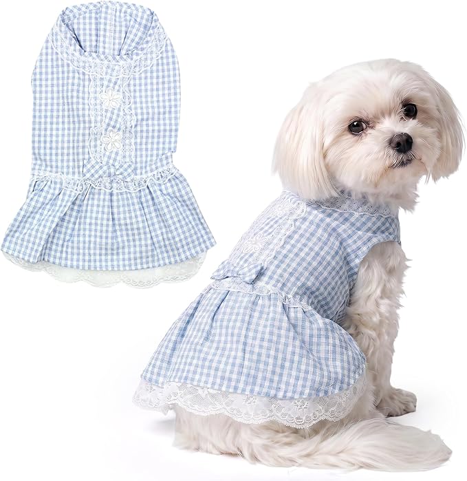 Parisian Pet Summer Dog Dress - Countryside Clothes for Small Dogs Girl - Gingham Pet Dress - Elegant Blue Dog Outfit - Lightweight Puppy Clothes - Breathable Stylish Dresses for Dogs