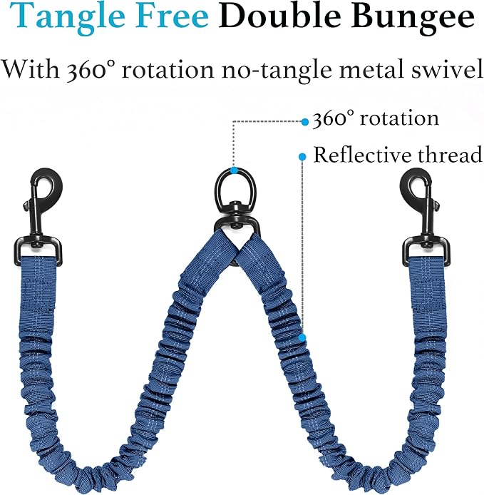 iYoShop Dual Dog Leash - 360° Swivel, No Tangle Walking Leash with Shock Absorbing Bungee for Two Dogs (Large, 25-150 lbs, True Navy)
