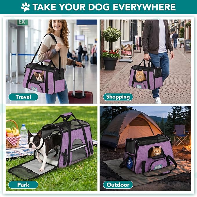 PetAmi Airline Approved Pet Carrier for Cats & Small Dogs, Soft Sided TSA Travel Carrier Bag with Sherpa Bed, Breathable Mesh Ventilation, Collapsible Bowl, Up to 18 lbs, Small Heather Purple
