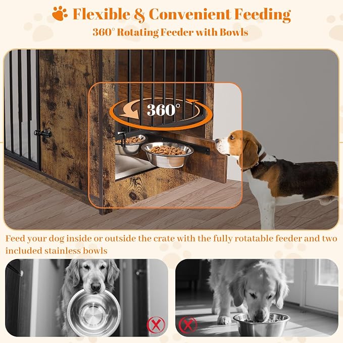 TBWIND 36" Dog Crate Furniture for Medium Dogs, Rustic Brown | Wooden Dog Kennel End Table with Cushion, 270° Rotating Door, 360° Feeding Station, Dual Rotating Latch Locks & Bowls