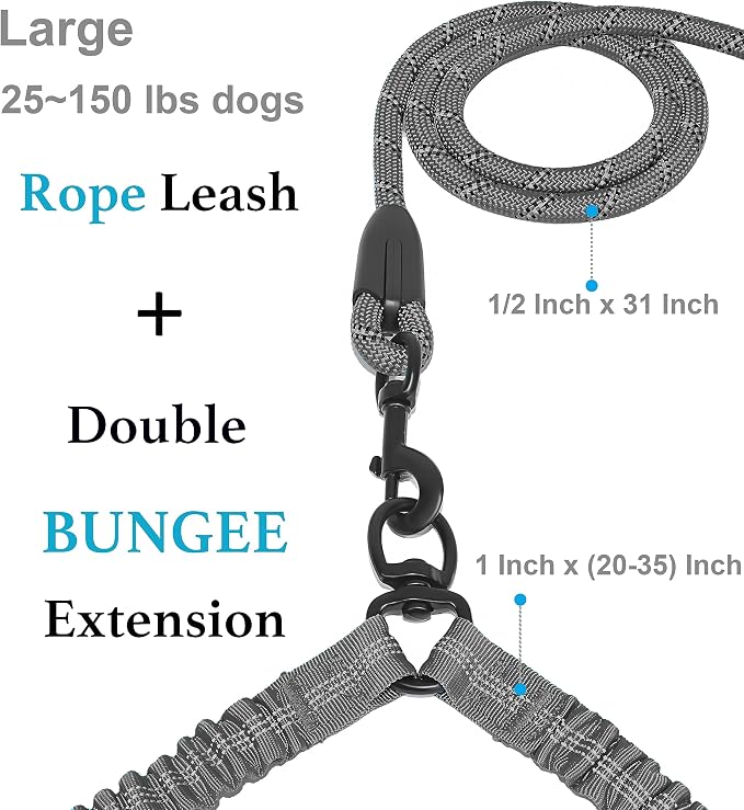 iYoShop Dual Dog Leash - 360° Swivel, No Tangle Walking Leash with Shock Absorbing Bungee for Two Dogs (Large, 25-150 lbs, Grey)