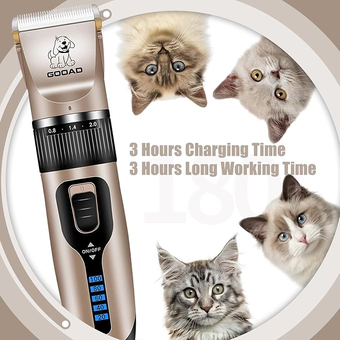 Quiet Cat Clippers & Cat Grooming Kit for Matted & Long Hair | 250Min Cordless Pet Shaver, Low Noise Pet Hair Trimmer for Grooming,2in1 Wide & Narrow Blades,4 Combs,Scissors & Glove(Gold)