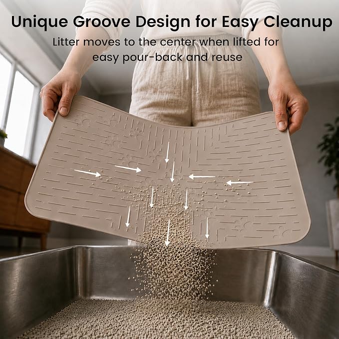 Cat Litter Mat, 23.5x16 Silicone Trapping Mat Beige | for Kitty Litter Box, Easy Clean, BPA Free Rubber, Center Litter Collection, Easy Pour-Back, Waterproof, Odor-Resistant