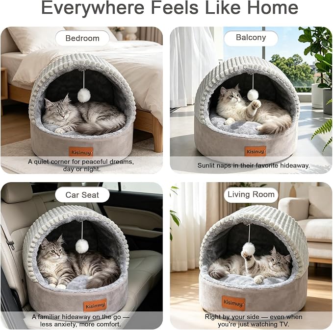 Cat Bed Cave with Pillow & Cat Toys, Cat Bed for Indoor Cats & Dog | 17.7in, Up to 15 lbs, Dual-Sided Cushion, Reversible Comfort for All Seasons, Semi-Enclosed Design, Machine Washable, Grey