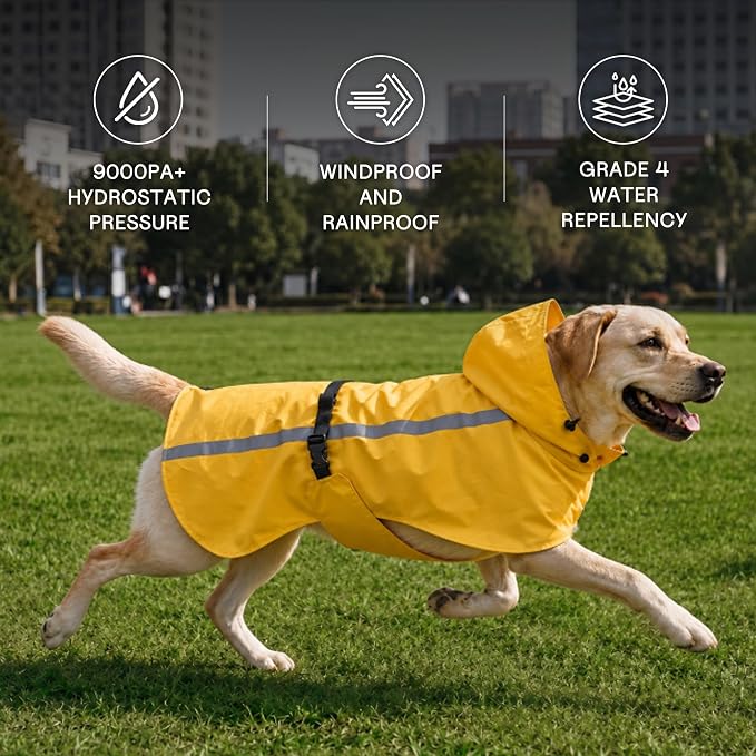 Stretch Fabric Dog Raincoat with Hood, Reflective Rain Poncho for Medium Large Dogs, Adjustable Waterproof Dog Rain Jacket with Leash Opening, Bright Yellow, Large