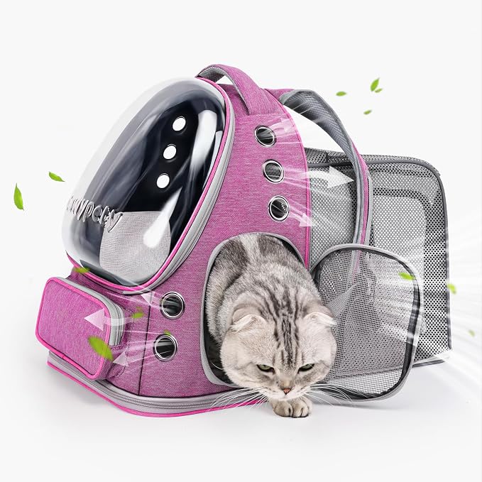 Cawypety Expandable Cat Backpack Large Space Cat Bubble Backpack Carrier | Pink, for Carrying Cats Pets and Small Dogs, Airline-Approved, for Travel Hiking Walking Car, Transparent Window, Breathable