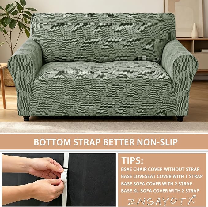 ZNSAYOTX Stretch Couch Covers for 2 Cushion Couch, 1-Piece Loveseat Covers Sofa Slipcover, Furniture Protector with Elastic Bottom for Dogs Geometrical Jacquard Fabric (Medium, Army Green)