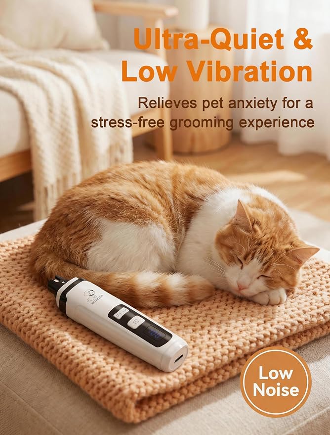 Quiet Electric Pet Nail Grinder with Light for Dogs Cats | Low-Vibration, 2-Speed, 3 Ports for Large Medium Small Pets, Works on Hard/Thick Nails, Professional Grooming Tool