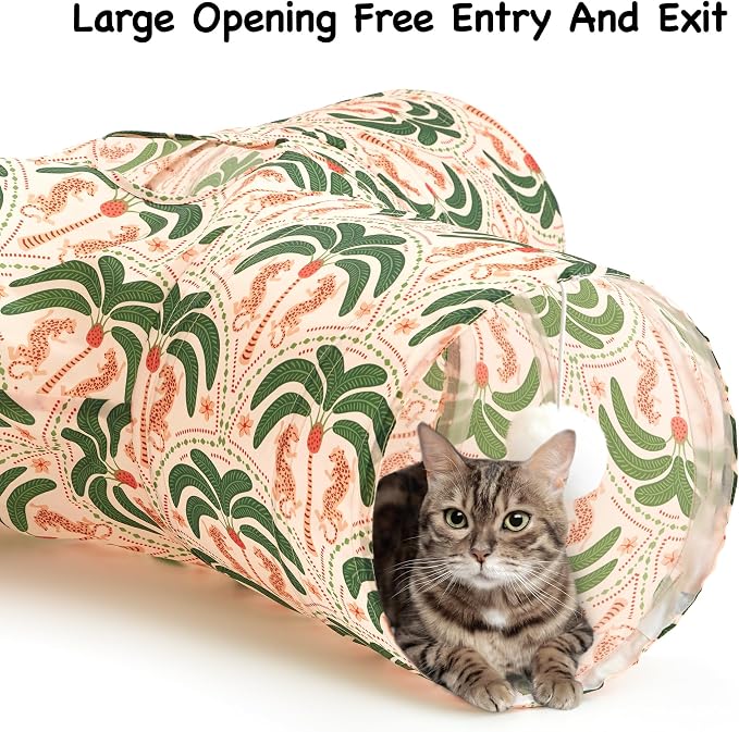 Tempcore Cat Tunnel for Indoor Cats, 3 Way Collapsible Pet Play Tunnel with Teaser Wand, Peek Holes & Hanging Ball, Interactive Tube for Kittens & Rabbits, Khaki Coconut Tree