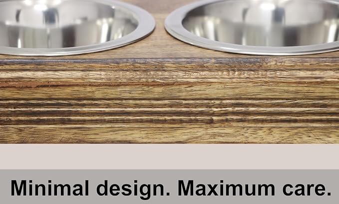 Croft&Cane Wooden Elevated Pet Feeder with 2 Steel Bowls - Natural Brown | Raised Dog Bowls for Small & Medium Pets – Solid Wood Handcrafted Fluted Design Feeding Station for Dogs & Cats - 15x8x5 Inch