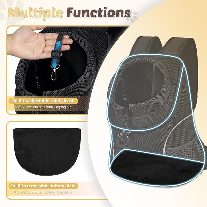 WOYYHO Pet Dog Carrier Backpack, Ventilated Small Dog Front Backpack | Small Dog Front Backpack, with Adjustable Straps, Safety Belt, Storage Pockets, for Travel Hiking Outdoor, Solid Black, M