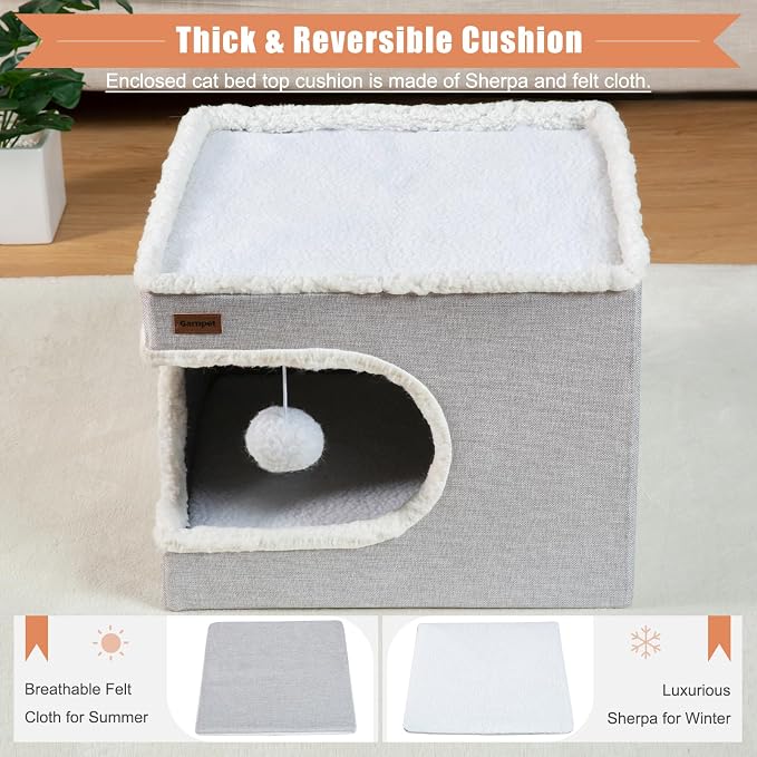Garnpet Cat Bed for Indoor Cats Cube House, Covered Cat Cave Beds & Furniture with Scratch Pad and Hideaway Tent, Cute Modern Cat Condo for Multi Small Pet Large Kitten Kitty, Large, Dark Grey