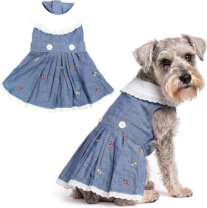 Parisian Pet Dog Overall Dress - Spring Summer Clothes for Large Dogs Girl - Floral Denim Pet Dress - Stylish Dog Outfit - Lightweight and Breathable Puppy Clothes - Sleeveless Dresses for Dogs