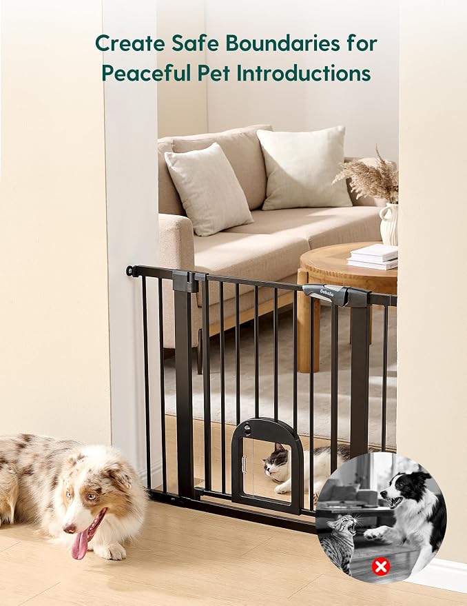 Babelio Baby Gate with Adjustable Cat Door, CatPrivilege III, 29-43" | Auto-Close, Pressure Mounted with No Drilling, Dual Lock Safety Gates For Stairs, Doorways and House, Easy Walk Thru, Black