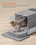 Feandrea Stainless Steel Cat Litter Box with Flip Lid, Litter Catcher Mat and Box, 2 Doors, Scoop, for Cats up to 33 lb, Dove Gray UPPT007GN01