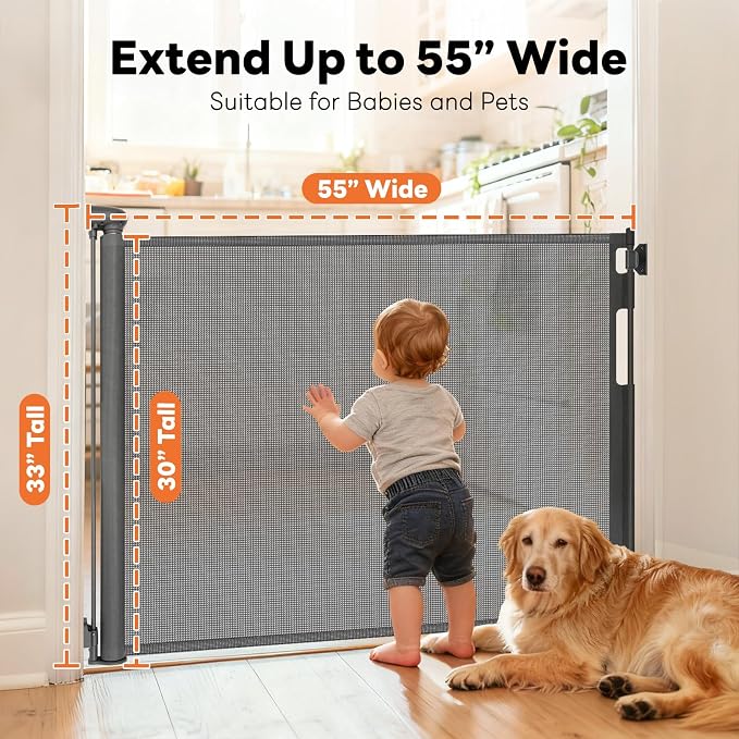 (2 Pack) Retractable Baby Gate for Stairs and Doorways, 55" Wide x 33" Tall Mesh Dog Gate for Indoor & Outdoor Use, Safety Gate for Babies and Pets, Child Gates for Hallways, Hardware Mounted, Gray