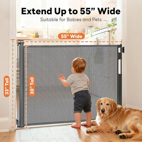 (2 Pack) Retractable Baby Gate for Stairs and Doorways, 55" Wide x 33" Tall Mesh Dog Gate for Indoor & Outdoor Use, Safety Gate for Babies and Pets, Child Gates for Hallways, Hardware Mounted, Gray