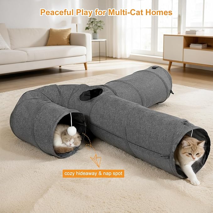 Ownpets 10" Large Cat Tunnel 3-Way U-Shape Oxford Fabric for Large Cat | Silent oxford fabric no noise, expandable 3-channel design, with plush ball ,feather wand, peek hole, for multi-cat household