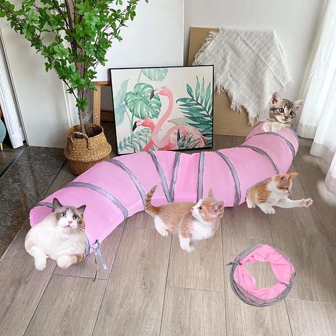 2-Way Long Collapsible Cat Tunnel Tube Toy Pink | Interactive Play Tunnel with Peek Hole for Indoor Cats, Kittens, Puppies & Rabbits | Hours of Fun & Exercise
