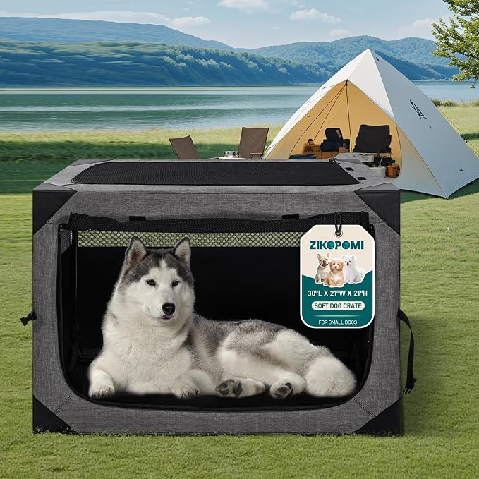 Zikopomi 30 Inch Portable Travel Dog Crate, 3 Door Collapsible Soft Pet Kennel with Durable Mesh Windows for Small and Medium Dogs, Foldable Dog Cage with Storage Pocket for Outdoor (Dark Grey)