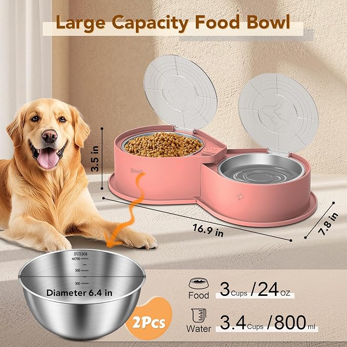 Newget 304 Stainless Steel Dog Bowl Set with Lids, 24oz Foldable Pet Dishes | Dual Food & Water Pet Bowl, Anti-Skid, Keeps Food Fresh, Easy to Install, for Small - Large Dogs/Cats - Indoor & Outdoor Use