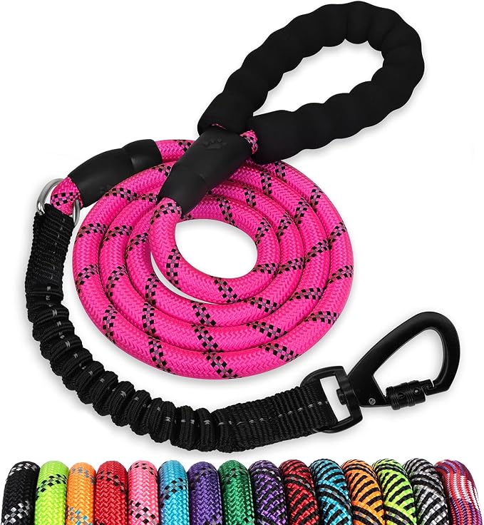 Rope Dog Leash 5 FT: Heavy Duty Leashes with Swivel Lockable Hook Reflective Threads Bungee and Padded Handle - Dog Lead for Large Small Medium Dogs Outside Walking Hiking Pink