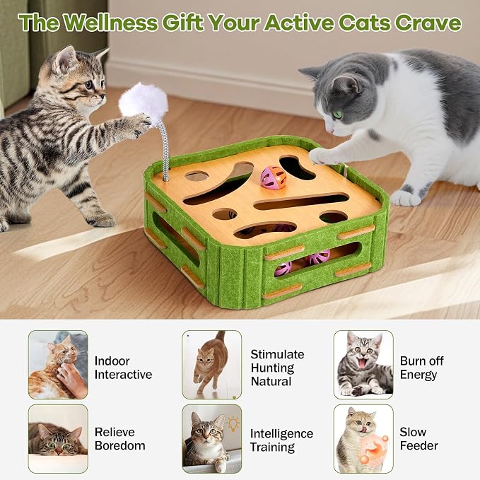 5-in-1 Cat Puzzle Box Toy for Indoor Cats Boredom Relief Interactive Wooden Cat Enrichment Maze with Balls, Feather Wands & Spiral Springs, Slow Feeder Treat Dispenser for Kittens & Adult Cats