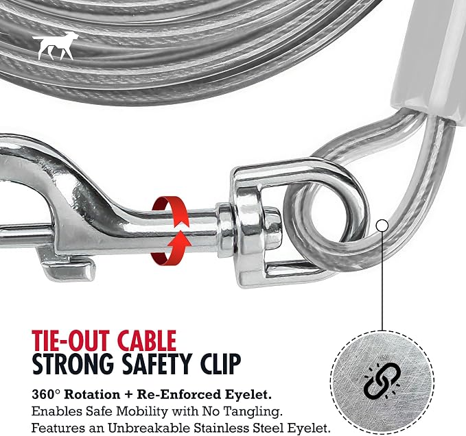 Tuff Pupper Dog Tie Out Cable, 25 ft Heavy Duty Lead for up to 90 lb Dogs | Extra-Strong Coated Steel Wire for Large Dogs; Water/Rust Resistant Yard Runner Line with 360-Degree No-Tangle Swivel Clips