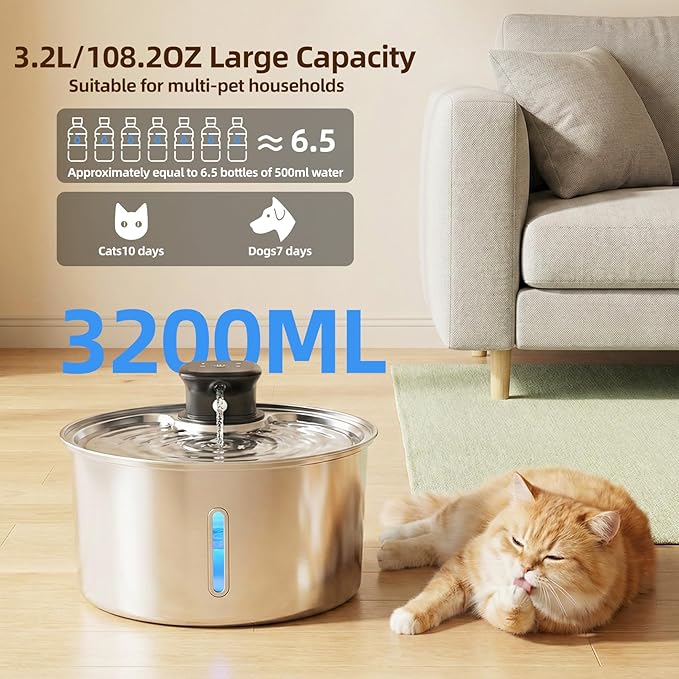 Wireless Cat Water Fountain,3.2L Stainless Steel Battery Operated | 1 Pack Filters | Cordless & Rechargeable | Motion Sensor | BPA-Free | DishwasherSafe | 20dB Ultra-Quiet | 108oz capacity