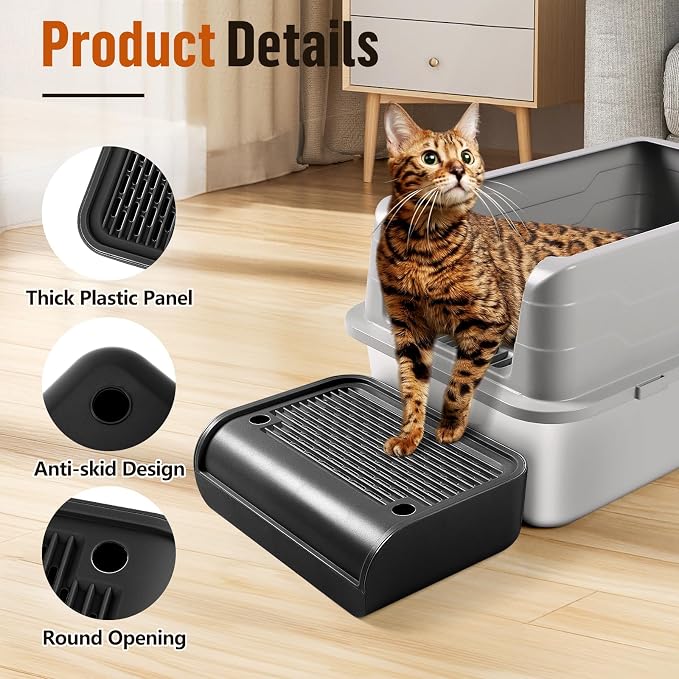 Cat Step for Litter Box, Litter Box Ramp with Filter Function, Black | Cat Litter Box Step for Kitten & Elderly Cats, Washable Double Layer Litter Catcher, Non-Slip Litter Catcher, Easy to Clean