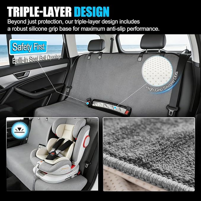 ZIMABLUE Waterproof Rear Bench Seat Cover for Kids and Pets, 3-Layer Back Seat Protector for SUVs, Sedans and Minivans, Machine Washable Non-Slip Towel Seat Cover for Spills, Pet Hair and Daily Mess