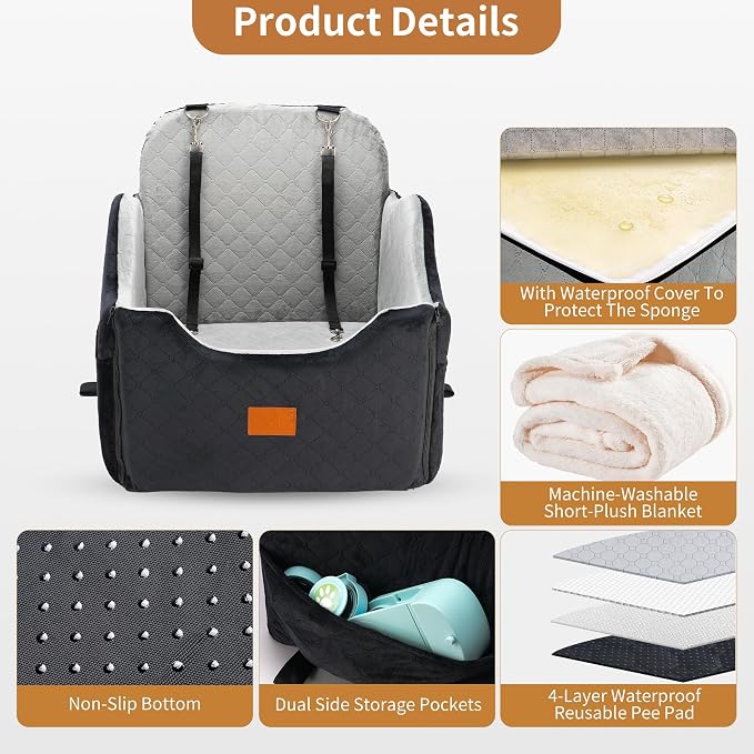 XEEP Dog Car Seat Bed for Small/Medium Dogs Up to 35 lbs, Memory Foam | 2-in-1 Design, Includes Blanket & Urine Pad, 2 Height-Adjust Cushions, Two Safety Tethers, Machine Washable Cover(Black/Grey)