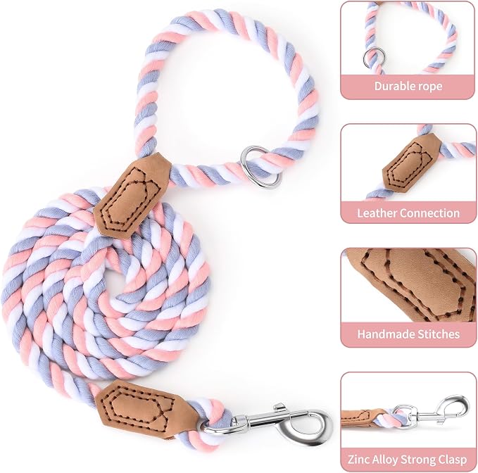Mile High Life Rainbow Dog Leash Braided Cotton Rope w Leather-Wrapped Ends | Rust-proof 360° swivel clasp, Heavy-duty for medium/large breeds. Great for weddings, daily walks (4FT, 1/2", Pink/Purple)