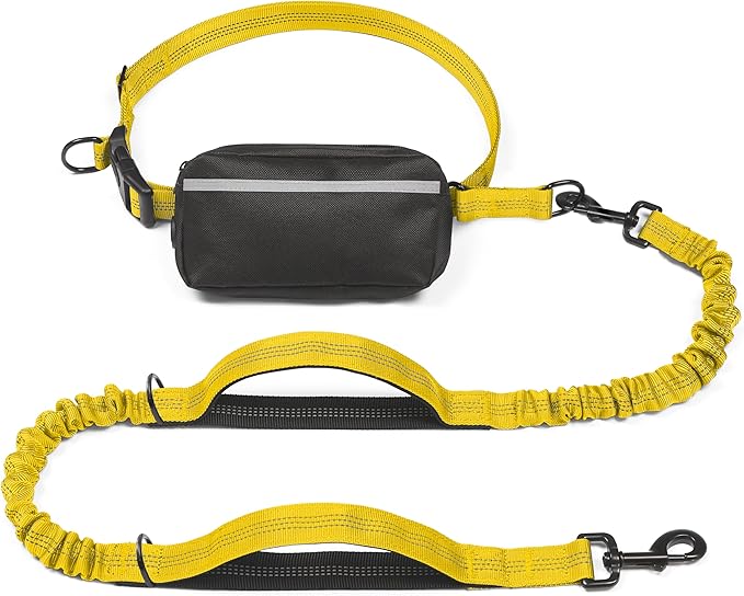iYoShop Hands Free Dog Leash with Zipper Pouch, Dual Padded Handles and Durable Bungee for Walking, Jogging and Running Your Dog (Large, 25-120 lbs, Yellow)