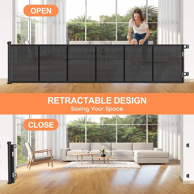 EZIGO 120 Inch Retractable Baby Gates Extra Wide Reinforced Baby Dog Gate | 34 Inch Tall Retractable Dog Gate with Reinforced Strip Mesh Safety Pet Gate for Stairs Hallway Doorway Indoor Outdoor, Black